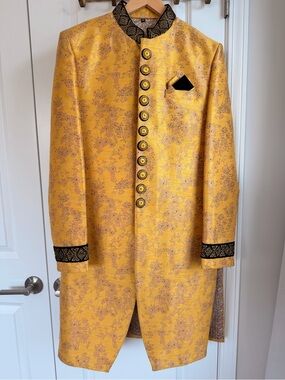 Yellow Brocade Sherwani with Black Trim